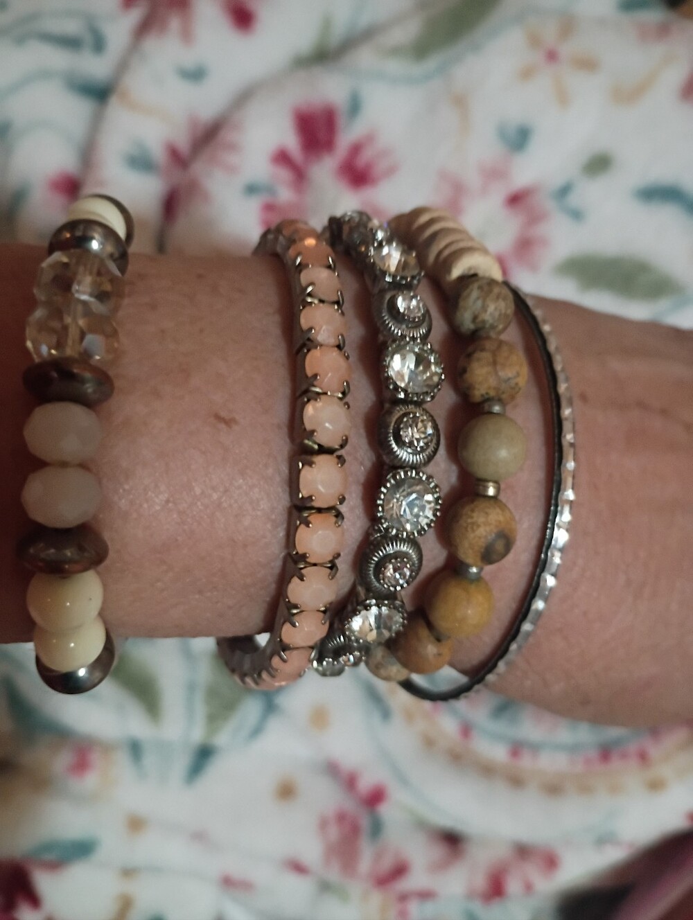 Beaded Stack Bracelet Set - Pink, Beige & Silver Accents 5 Bracelets Total